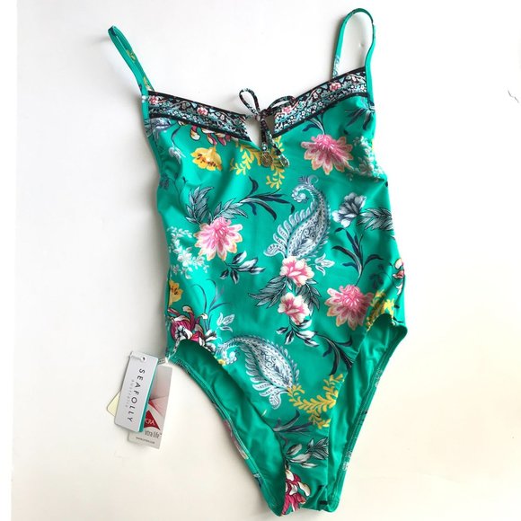 NWT SEAFOLLY One Piece Swimsuit - Aqua w/ Floral Paisley Print - Women's Size 4 - Picture 3 of 8